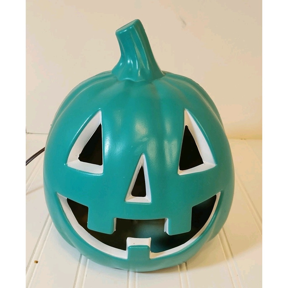 Light Up Teal Pumpkin Blow Mold 9" Jack O Lantern Halloween Decor Tested Works